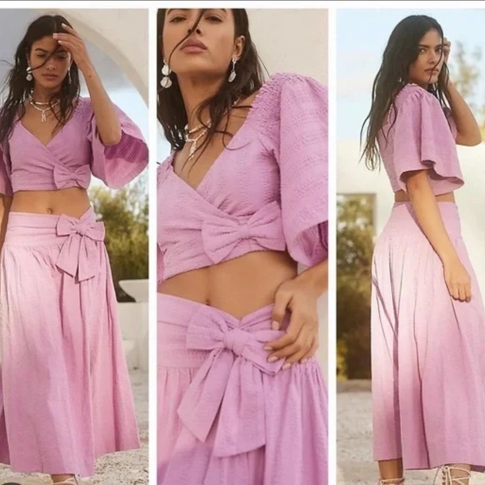 Free People Set Top Skirt Pretty in Bow Crop High Waist Pink Sz XSmall Matching